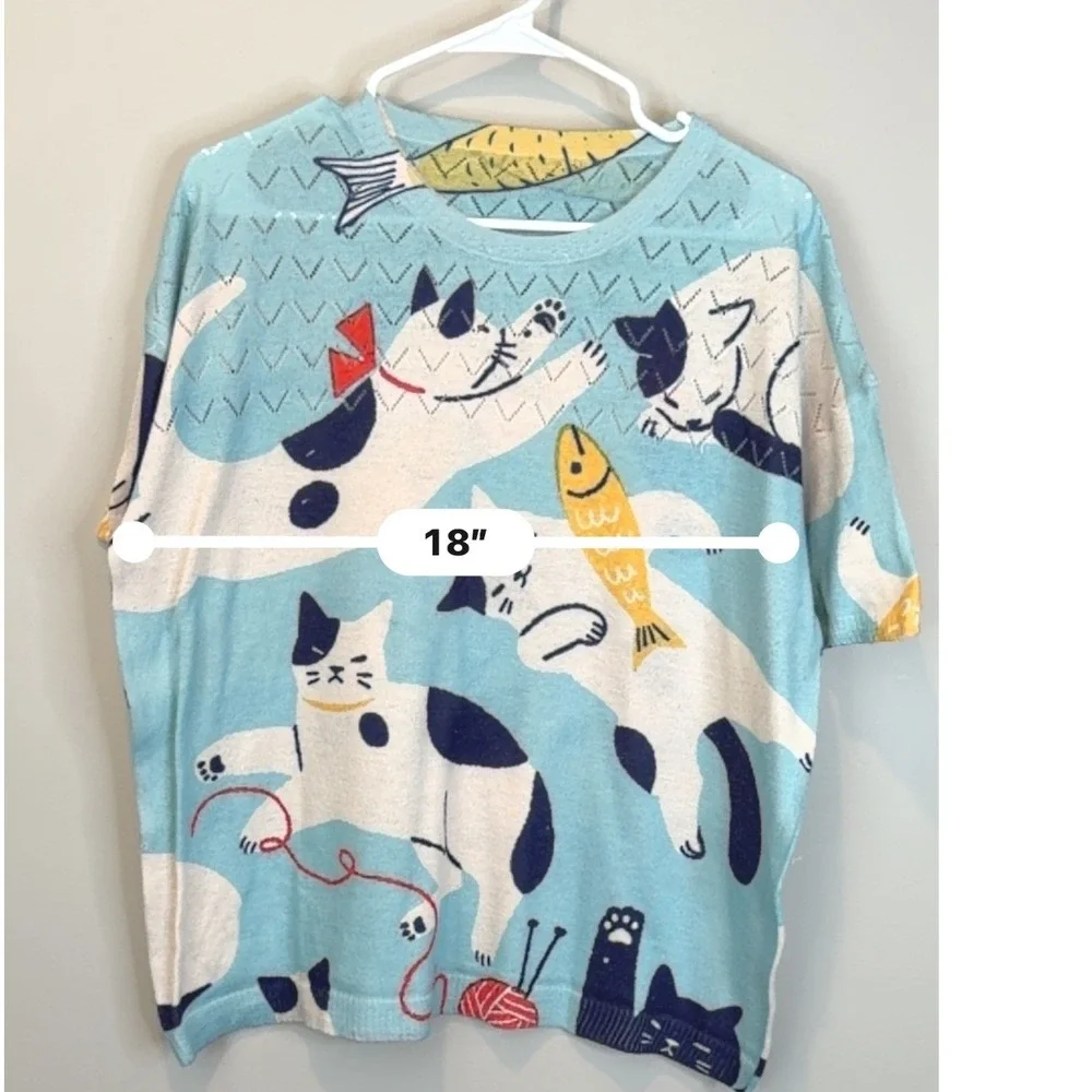 Unbranded Blue Cat‎ Print Knit Top Short Sleeve Whimsical Fish Pattern Sweater